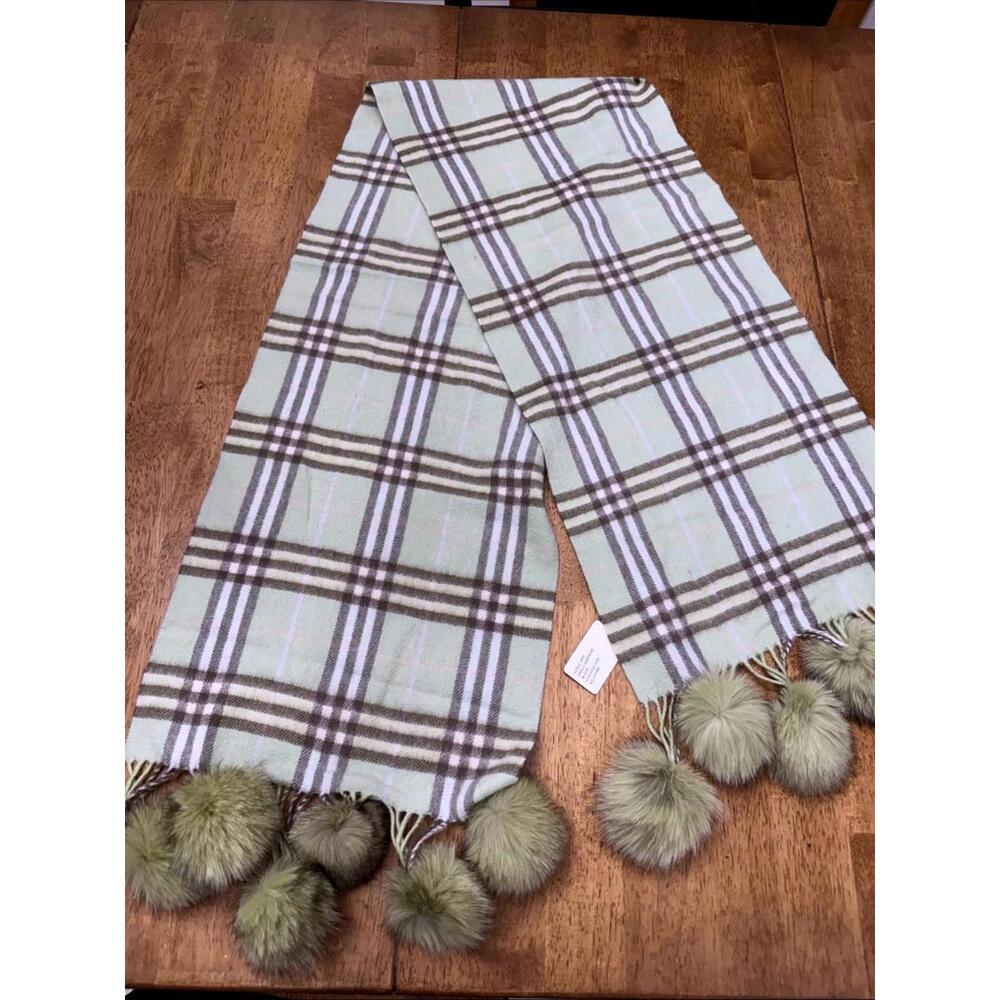 New 100% Cashmere Scarf Fox Fur Pom Poms Mint Green Plaid Finland Soft Luxury